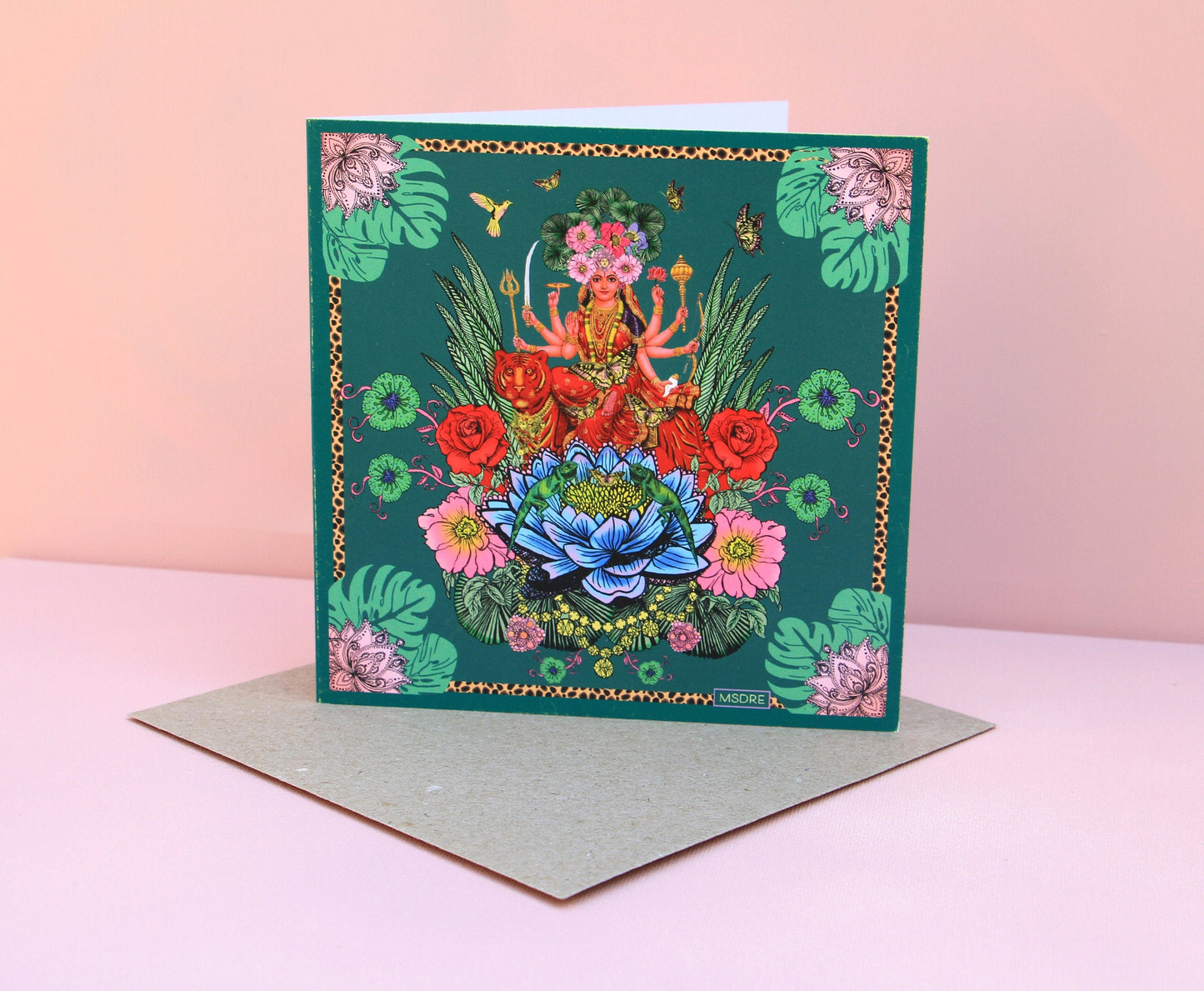 Durga Green Indian Goddess Msdre Greetings Card 15cm Square. Printed in the UK