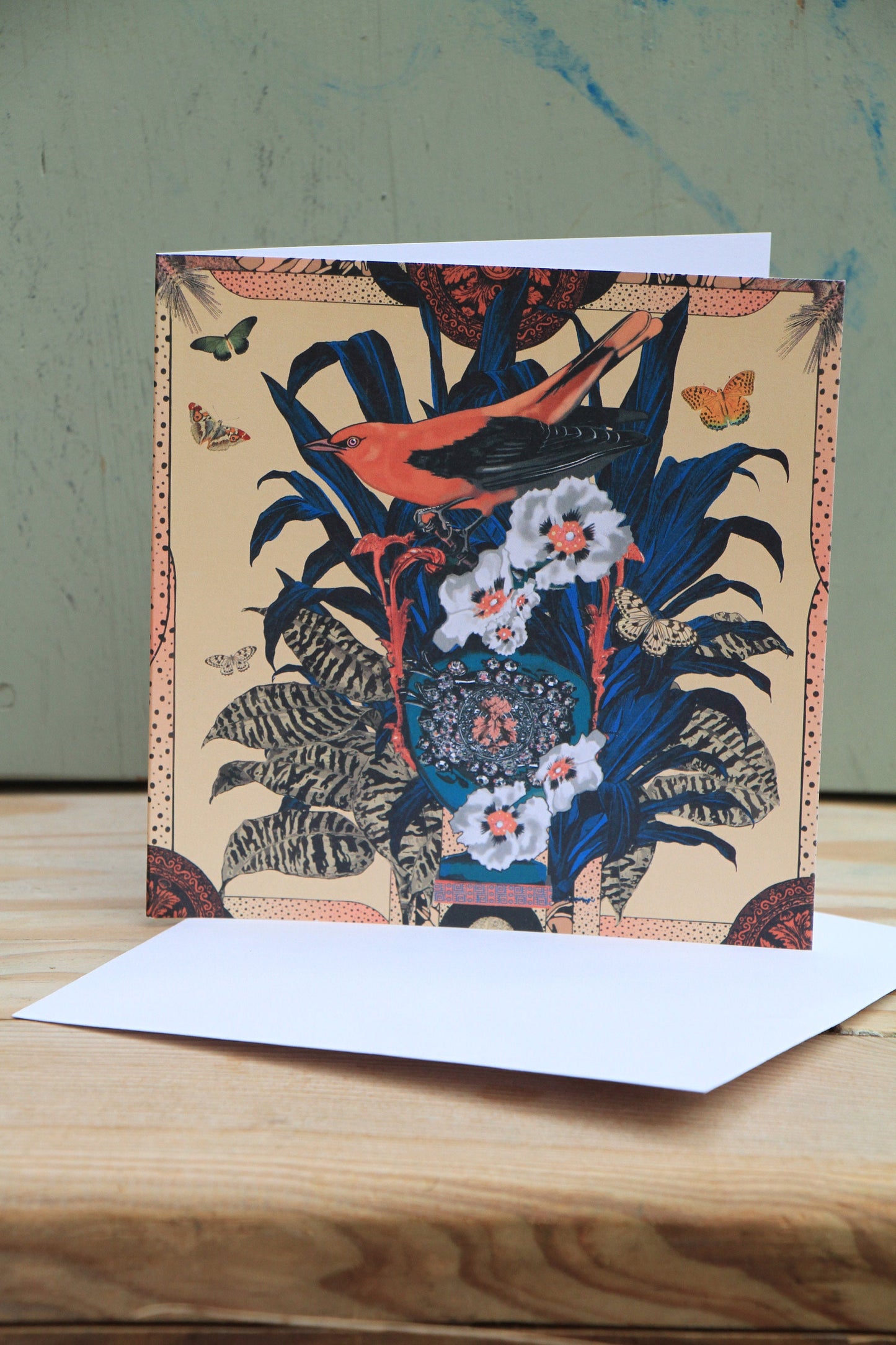 Art Deco Oriental Birds Illustration Art Msdre Greetings Card 15cm Square. Printed in the UK