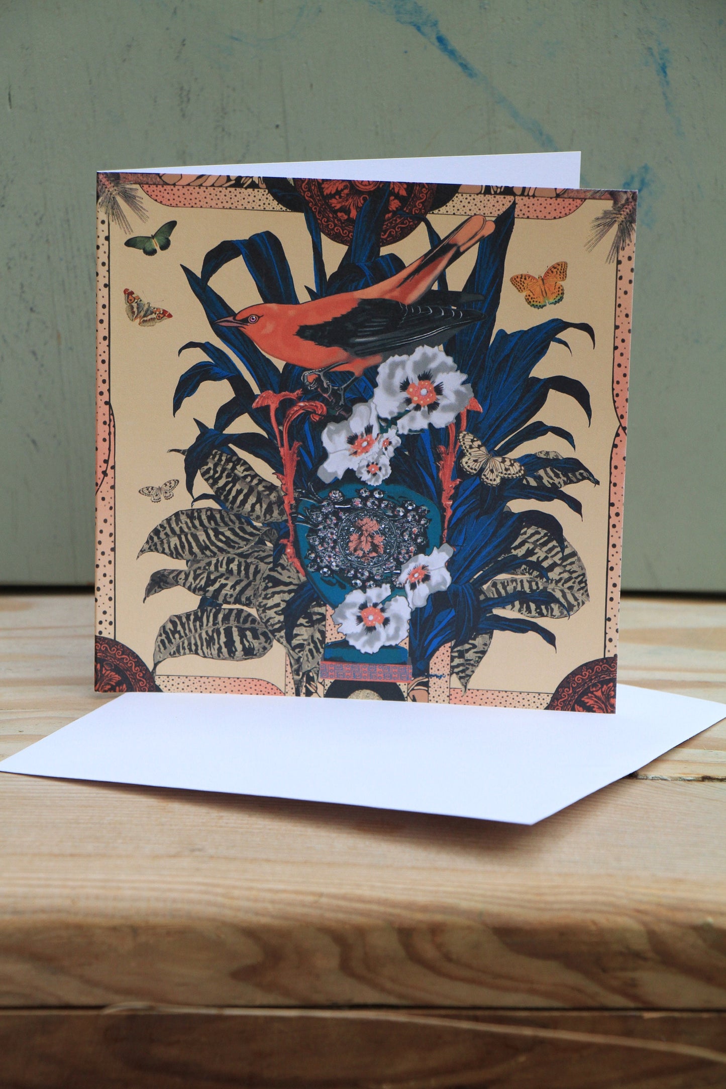 Art Deco Oriental Birds Illustration Art Msdre Greetings Card 15cm Square. Printed in the UK