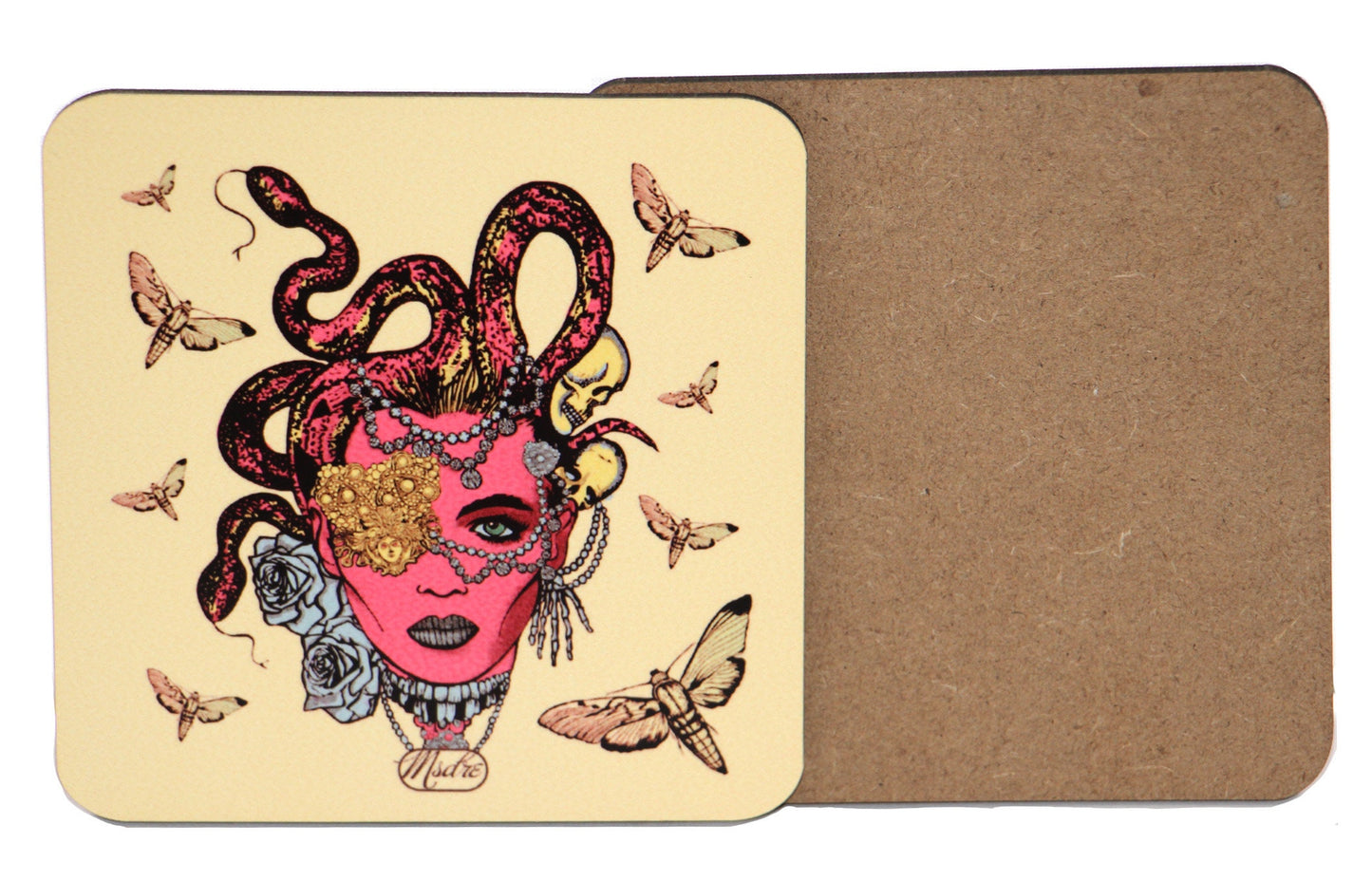 Medusa Pink and Yellow Moth Alternative Kitsch Gothic Coaster By Artist Msdre